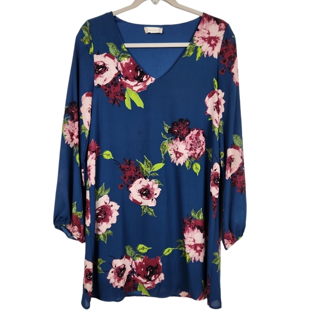 Altar'd State Dark Teal Pink Floral Swing Tunic Dress Women's Size Small